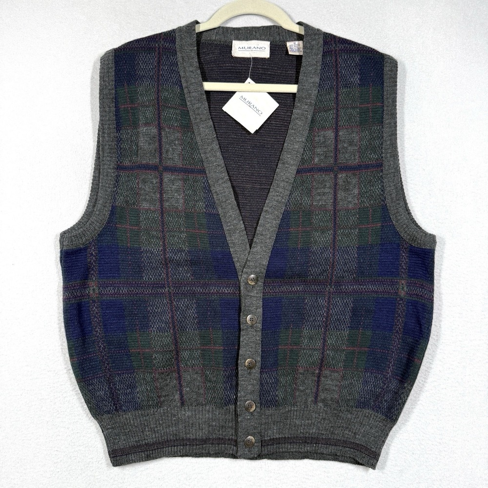 Vintage Murano Sweater Vest Mens Medium Plaid Wool Blend Academia Italy NWT